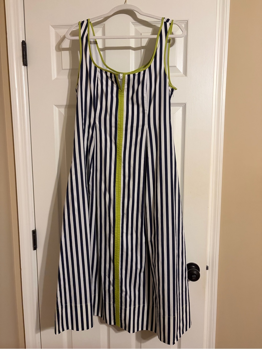 entro Navy and White Striped Midi Dress with Lime Trim